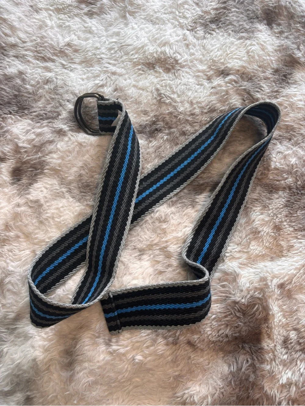 Woven Stripe Webbing Belt in Black, Gray & Blue - Classic D-Ring Closure